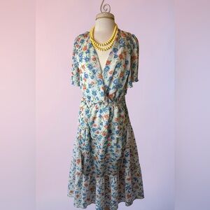 Draper James Cream Tiered Long Dress with Blue and Orange Floral Print
